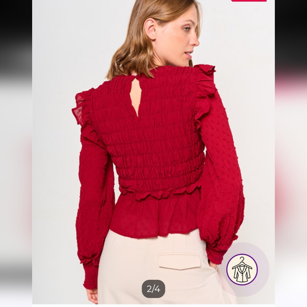 Sfera Spain Brand Chic Crimson Ruffled Women's Burgundy Blouse